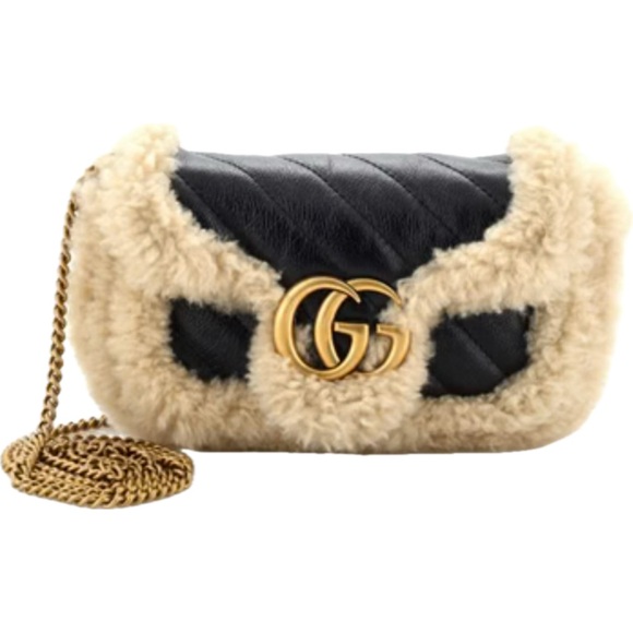 Gucci Handbags - GUCCI ⭐️ BLACK LEATHER & SHEARLING GG MARMONT SHOULDER BAG MINI